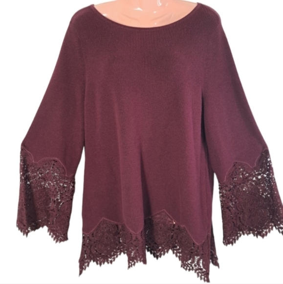 Chico's Women's Long Sleeve Burgundy Blouse/Sweater Ribbed Lace Size 2P … - Picture 5 of 16